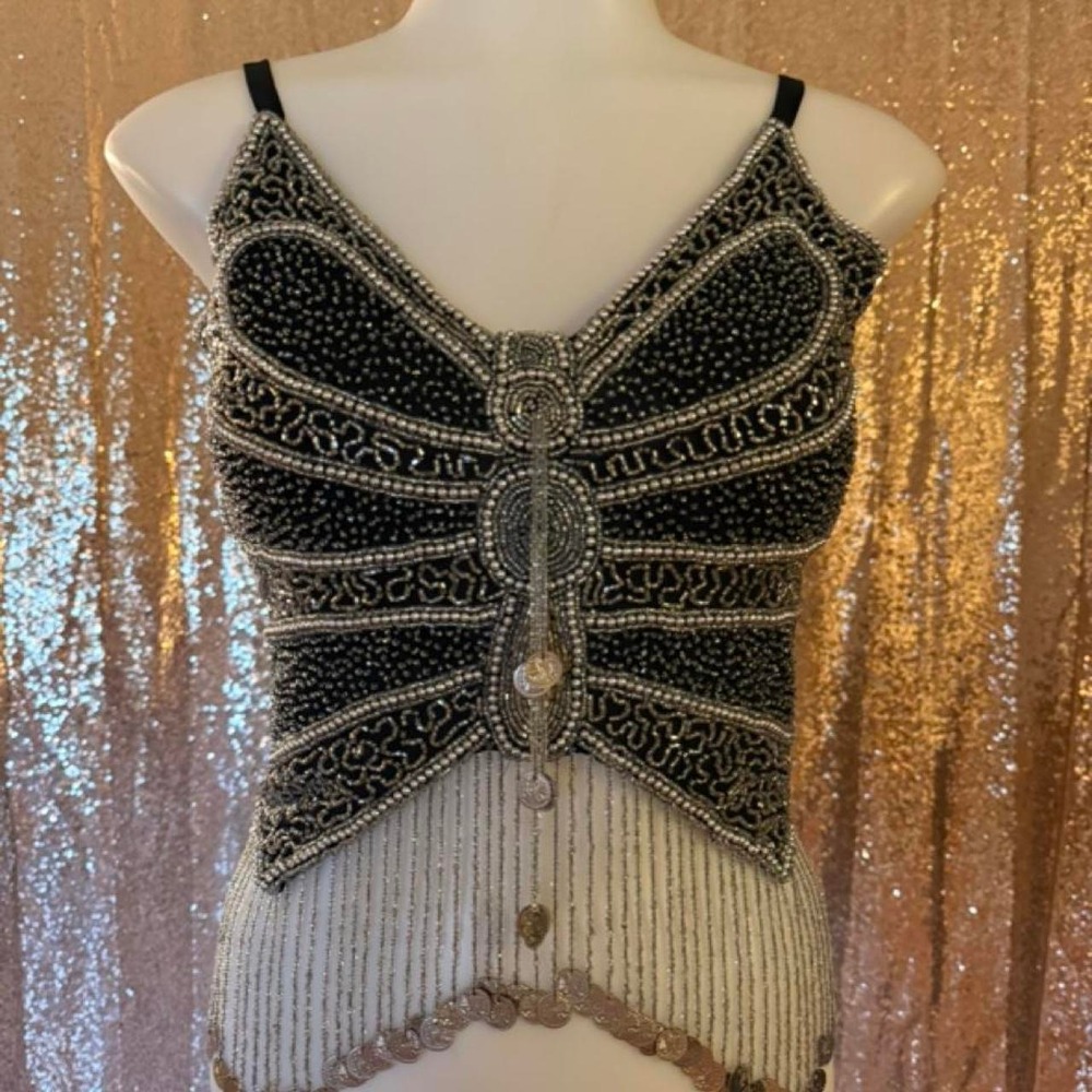 Handmade Butterfly Beaded Fringe Halter Crop Top Black Silver Festival/One Size